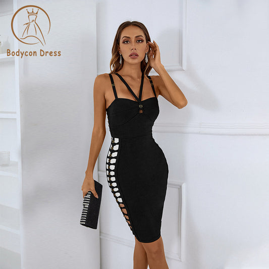 Bodycon Black Spaghetti Strap Cut Out Bandage Dress Women Elegant Sleeveless Evening Party Dresses Vestidos Wholesale