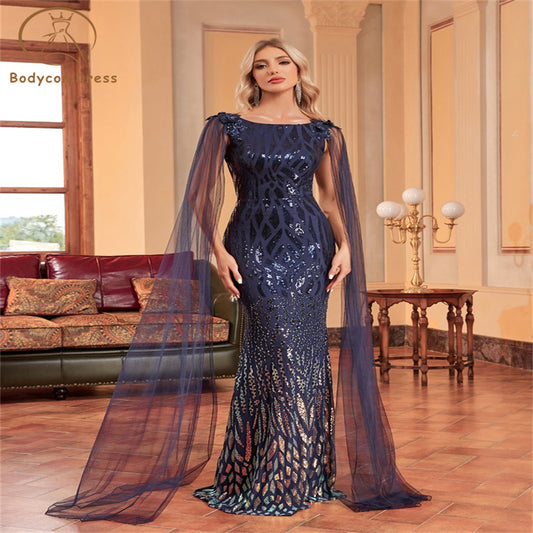 Bodycon Dress For Women Luxury Arabia Long Sleeve Sequins Evening Dress Female Guests Wedding Party Prom Blue Cocktail Dresses