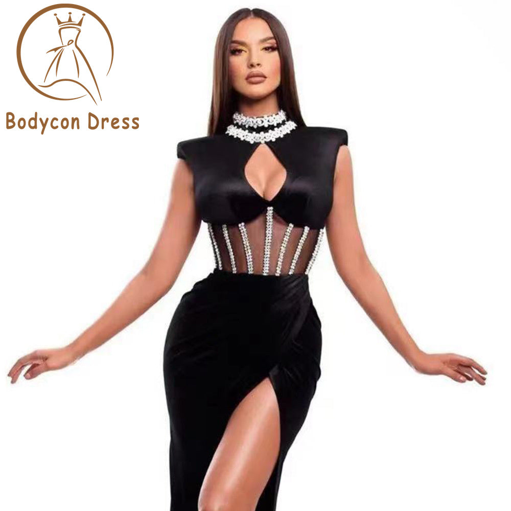 Bodycon Dress For Women Black Elegant Dress Fashion Luxury Diamond Turtleneck Sleeveless Cutout Tight Sexy Split Celebrity Party Dress