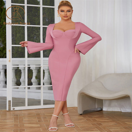 Bodycon Pink Flare Long Sleeve Slim V Neck Bandage Dress For Women Elegant Split Evening Party Dresses Vestidos Ladies Prom Gowns