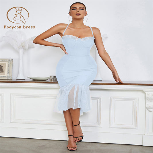 Bodycon Blue Bodycon Spaghetti Strap Prom Dress For Women Elegant Sleeveless Backless Evening Party Dresses Vestidos New