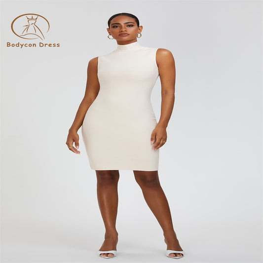 Bodycon White Sexy Turtleneck Slim Bandage Dress Women Elegant Sleeveless Celebrity Evening Party Dresses Vestido Wholesale