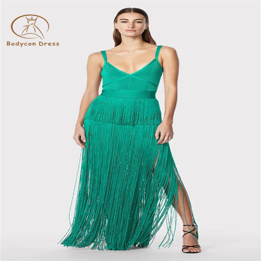 Bodycon Green Tassels Spaghetti Strap Bandage Maxi Long Dress Women Sexy V Neck Sleeveless Celebrity Evening Party Dress Vestido