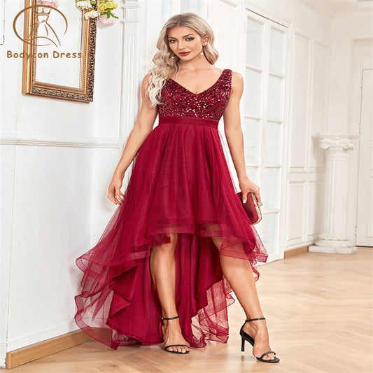 Bodycon Elegant Women V-Neck Sleeveless Sequin Floor Length Formal Evening Dress Red Prom Wedding Party Cocktail Dress