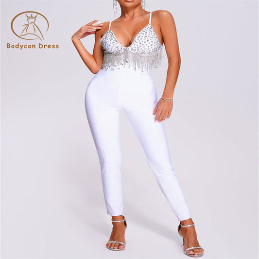 Bodycon Elegant Spaghetti Strap Beading Diamond Designed Tassel Bandage Jumpsuit Women White Sleeveless Crystal Bodycon Jumpsuit