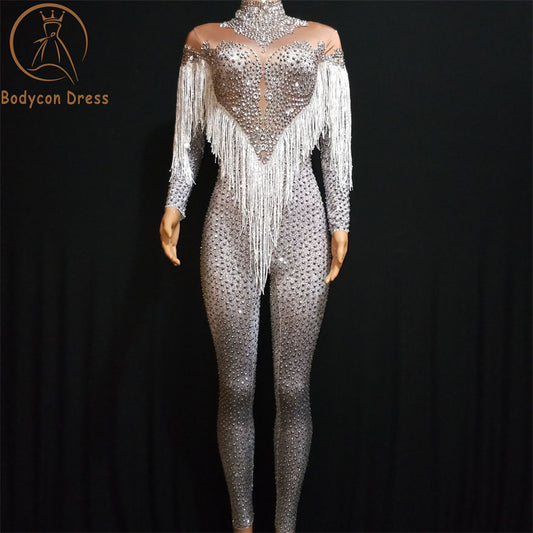 Bodycon Women Sexy Elastic Tight Stapled Beaded Tassels Long Sleeve Jumpsuit Bar Nightclub Stage Performance Costume