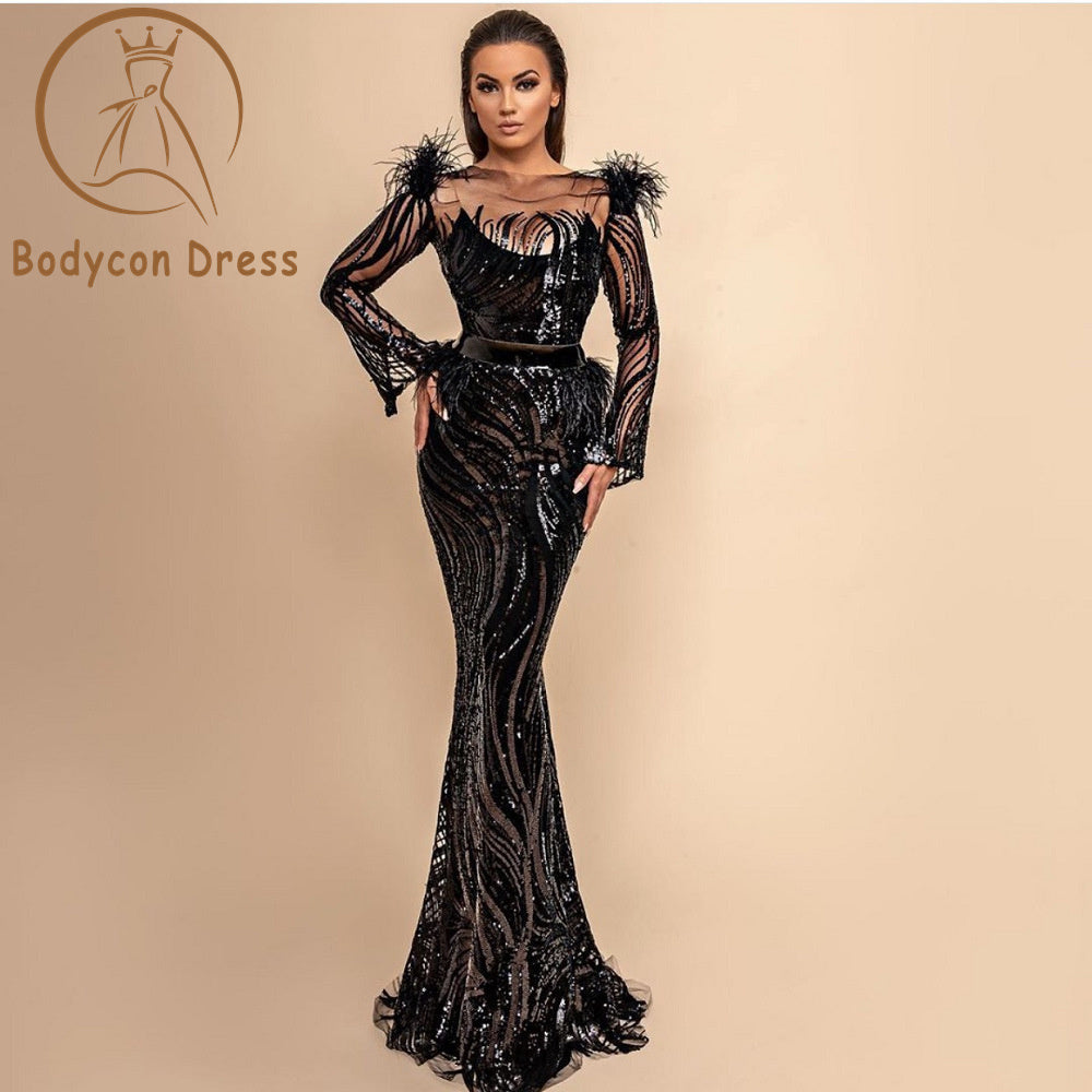 Bodycon Dress for Women Fashion Black Long Sleeve O Neck Sexy Sequin Bandage Dress Women Celebrity Party Dress Vestidos Wholesale