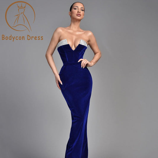 Bodycon Dress For Women Blue Diamond Strapless Design Long Style No Dress Sexy V-neck Sleeveless Backless Celebrity Party Dress