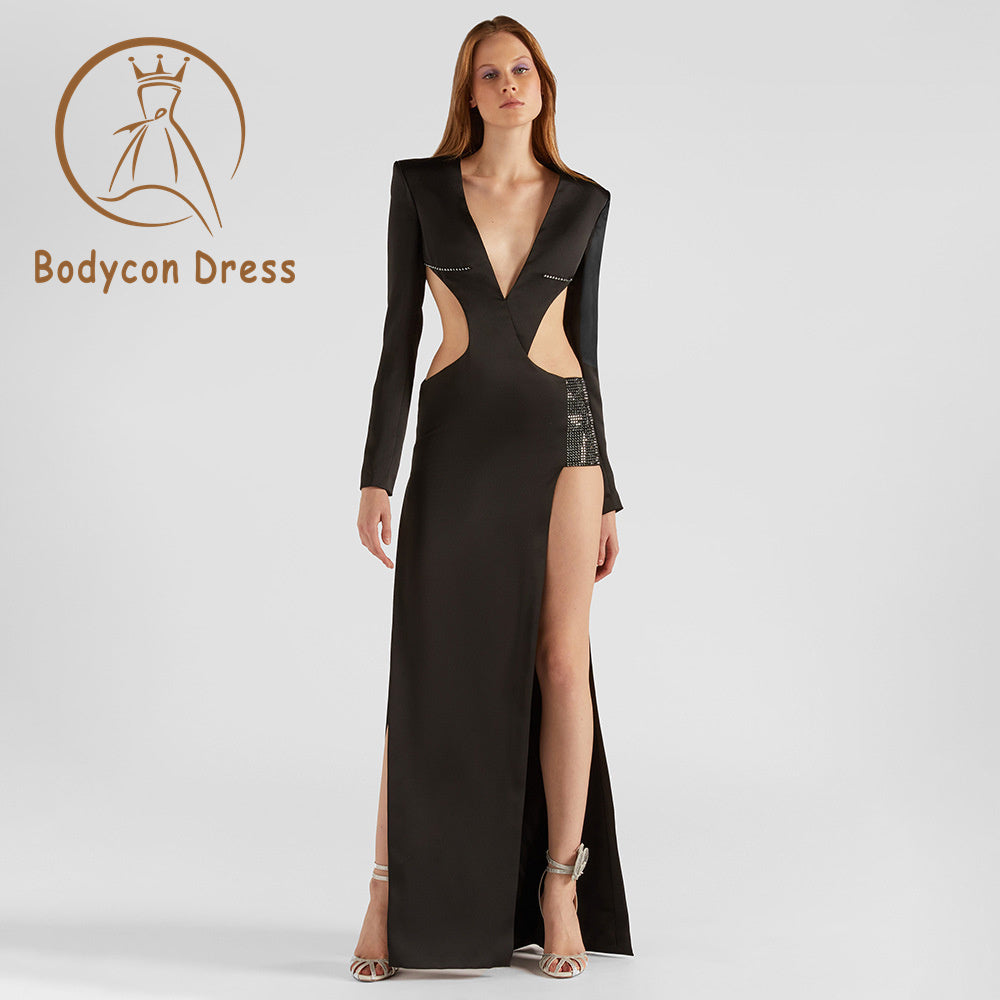 Bodycon Dress For Women Black Bandage Sexy V Neck Cutout Crystal Long Celebrity Party Dresses