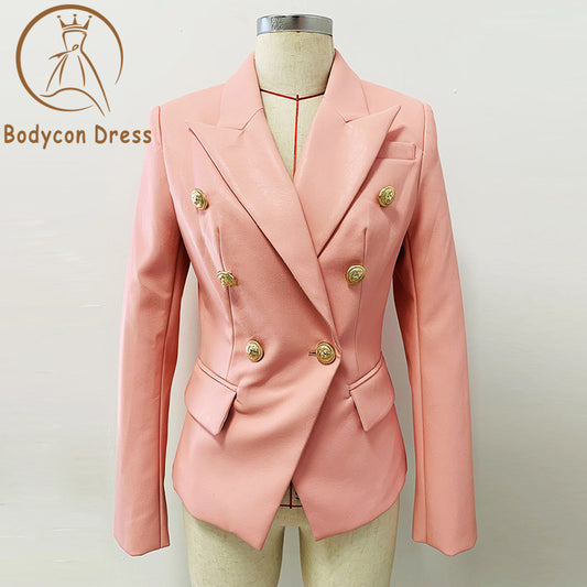 Bodycon Blazer For Women Long Sleeve V Neck Lion Metal Buttons Faux Leather Blazer Outer Coat