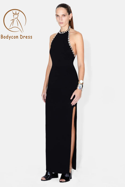 Bodycon Dress For Ladies Sparkling Diamond Backless Design Celebrity Cocktail Party Black Sleeveless Sexy Long Bandage Dress Vestidos