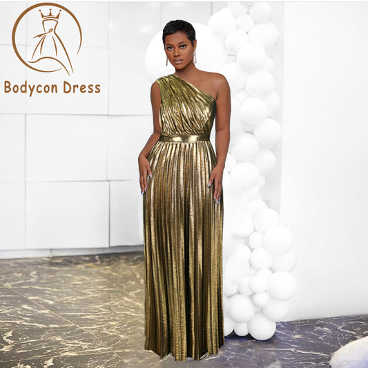 Bodycon Dress for Women Even Dresses Luxury Maxi Long Metallic Pleated Dress One Shoulder Sleeveless Premium Shiny Shimmer Gowns Big Size