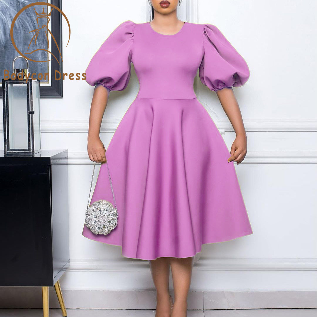 Bodycon Dress For Women Elegant Party Dress O Neck Short Lantern Sleeves Pleated A Line High Waist African Classy Spring Fashion Gowns Event Robes