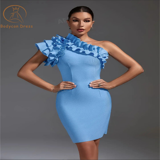 Bodycon Blue Bandage Dress Women Elegant Party Dress Ruffle One Shoulder Sexy Evening Birthday Club Outfits