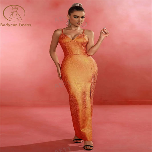 Bodycon Long Bandage Dress Women Maxi Party Dress Elegant Metallic  Sexy Spaghetti Strap Birthday Club Evening Outfits Summer