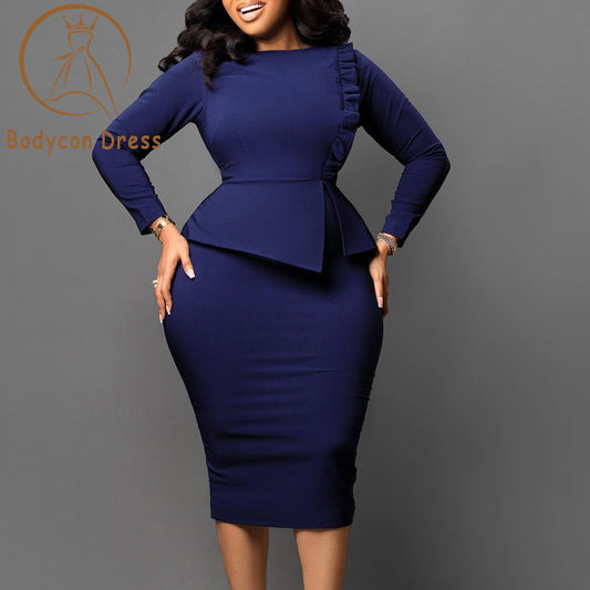 Bodycon Dress For Women Elegant Dress Bodycon Long Sleeves Peplum Ruffles Spring Package HIp Classy Office Ladies African Summer Gowns Female Robe