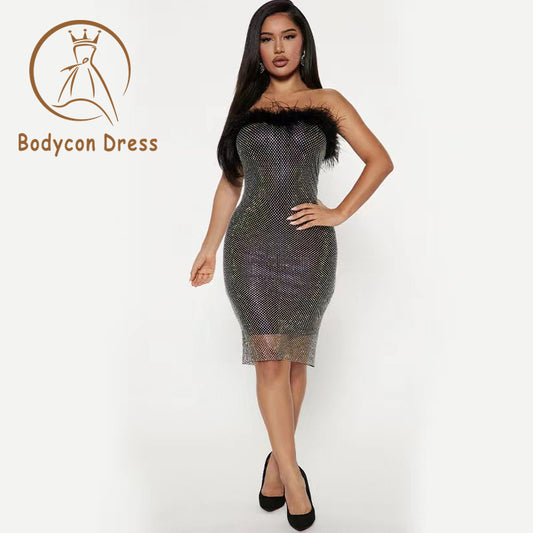 Bodycon Dress For Women Black Strapless Colored Diamond Feather Sexy Boutique Celebrity Cocktail Party Bandage Dress