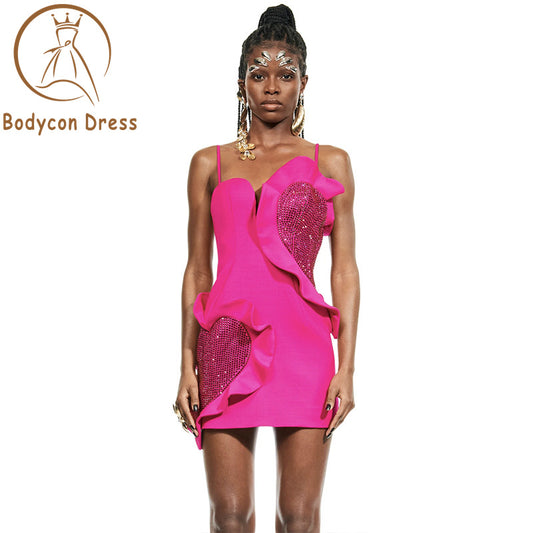 Bodycon Dress For Ladies Hot Pink Diamond Ruffles Spaghetti Strap Backless Design Club Party Sleeveless Sexy Mini Bandage Dress