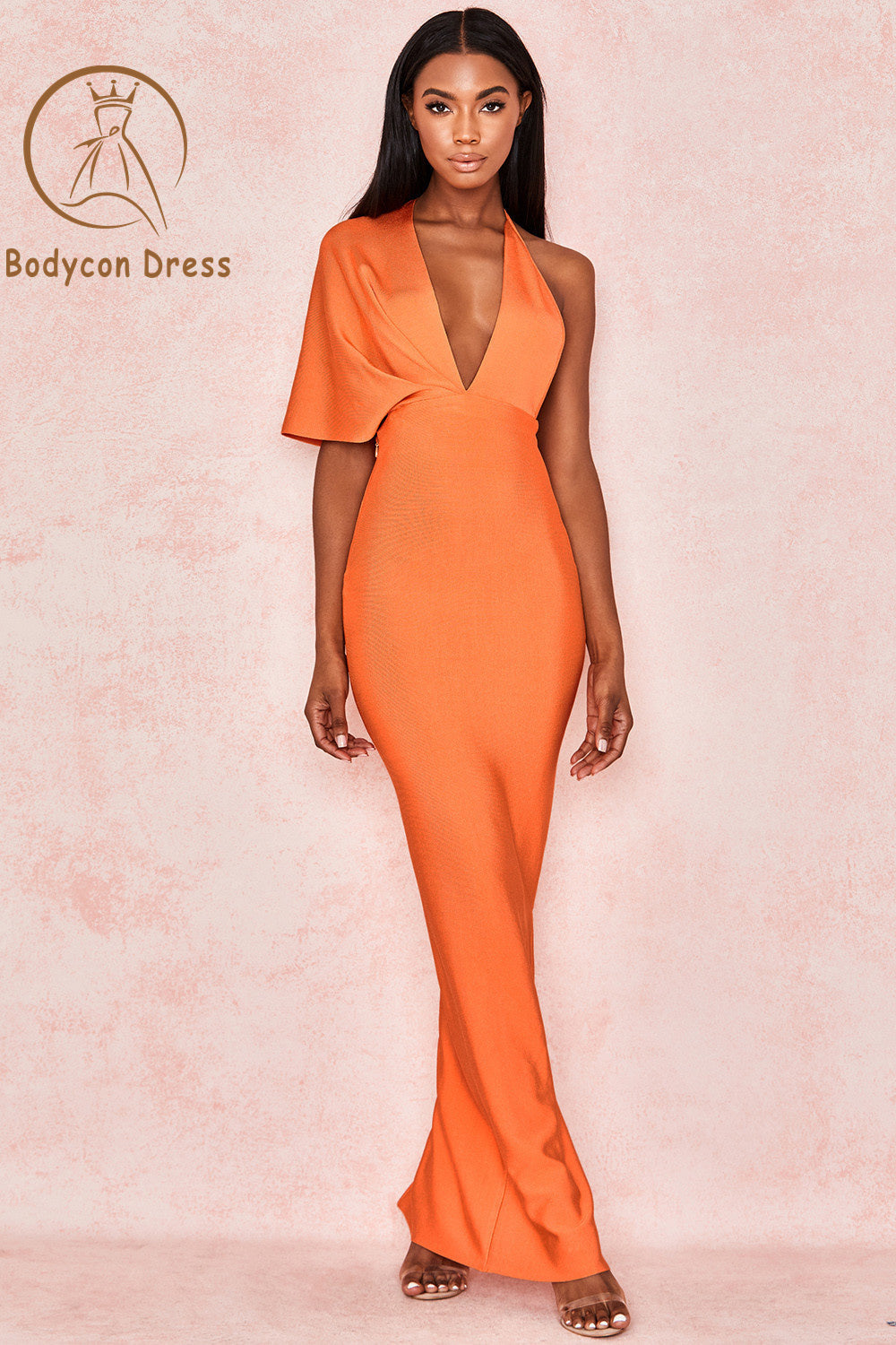 Bodycon Draped Backless Side Split Evening Party Dresses New Sexy V Neck Orange Black Long Bandage Dress Vestidos