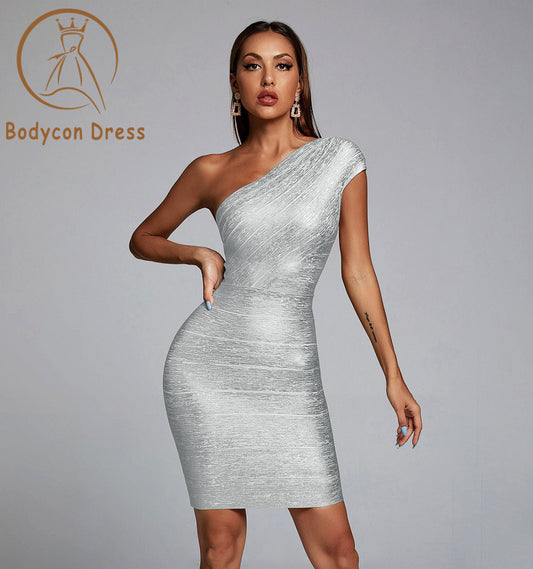 Bodycon Dress For Women Foil Gold Silver Women One Shoulder Sexy Bodycon Mini Dress Rayon Bandage Fashion Evening Party Outfit Vestido