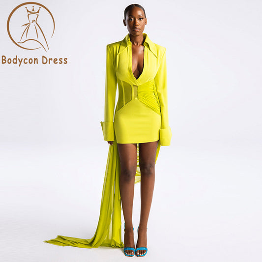 Bodycon Dress Fashion Party Long Sleeve Patchwork Draping Slim Fit Mini Dress Women's Polo Neck Nightclub Birthday Party Dress