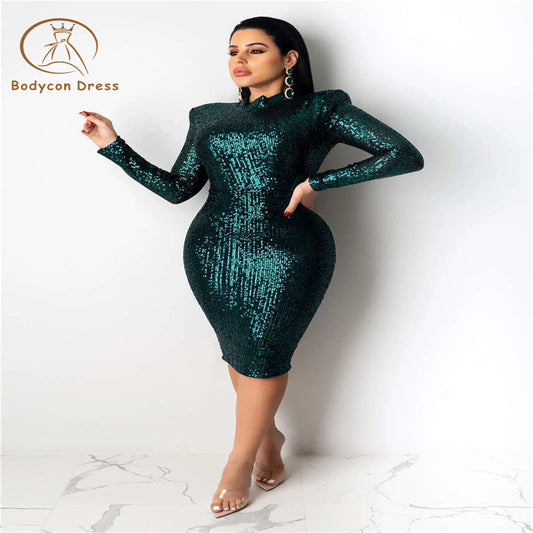 Bodycon Elegant Sequins Shining Glitter Dresses for Women Solid Color Turtleneck Long Sleeve Slim Sheath Bodycon Dress Party Vestidos