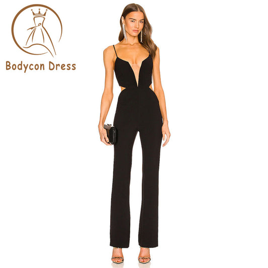 Bodycon  Black Cut Out Bandage Jumpsuit Women Spaghetti Strap Mesh Jumpsuits Deep V Neck Solid Club Evening Party One Piece Outfits