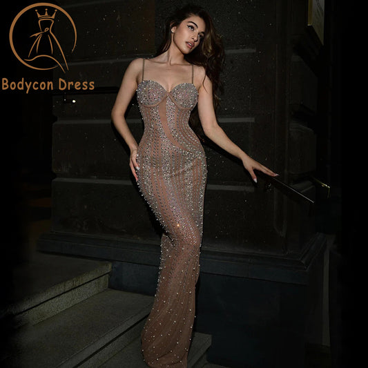 Bodycon Dress For Ladies Gorgeous brown Rhinestone Diamond Tight Summer Women Crystal Party Long Dress Celebrities Outifts