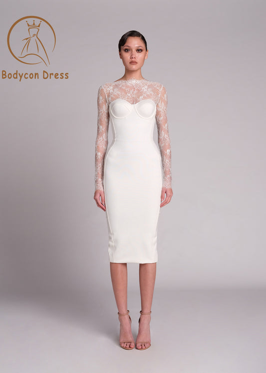 Bodycon Dress Elegant White Lace Tight Midi Dress Women's Sexy Backless Long Sleeve Club Party Wedding Dress Vestido