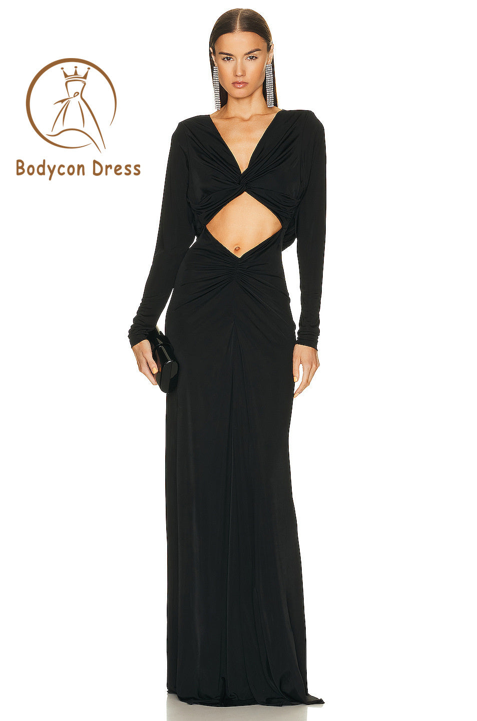 Bodycon Dress for Women Black Sexy V-neck Long Sleeve Waist Hollow out Design Long Dress Elegant Celebrity Party Evening Dress