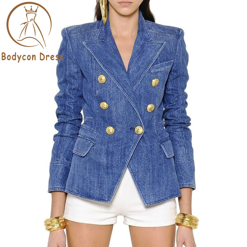 Bodycon Blazer For Women Jacket Metal Lion Buttons Double Breasted Denim Blazer Outer Coat