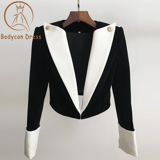 Bodycon Blazer For Women Lion Buttons Color Block Patchwork Velvet Short Blazer