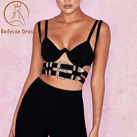 Bodycon bandages Sexy camisole tops hollow sleeveless metal piece decoration black camisole tops wholesale