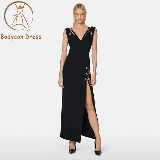 Bodycon Dress For Ladies Fashion Sexy V Neck Long Black Metal Pin Tight Bandage Dress High Split Elegant Evening Club Party Dress