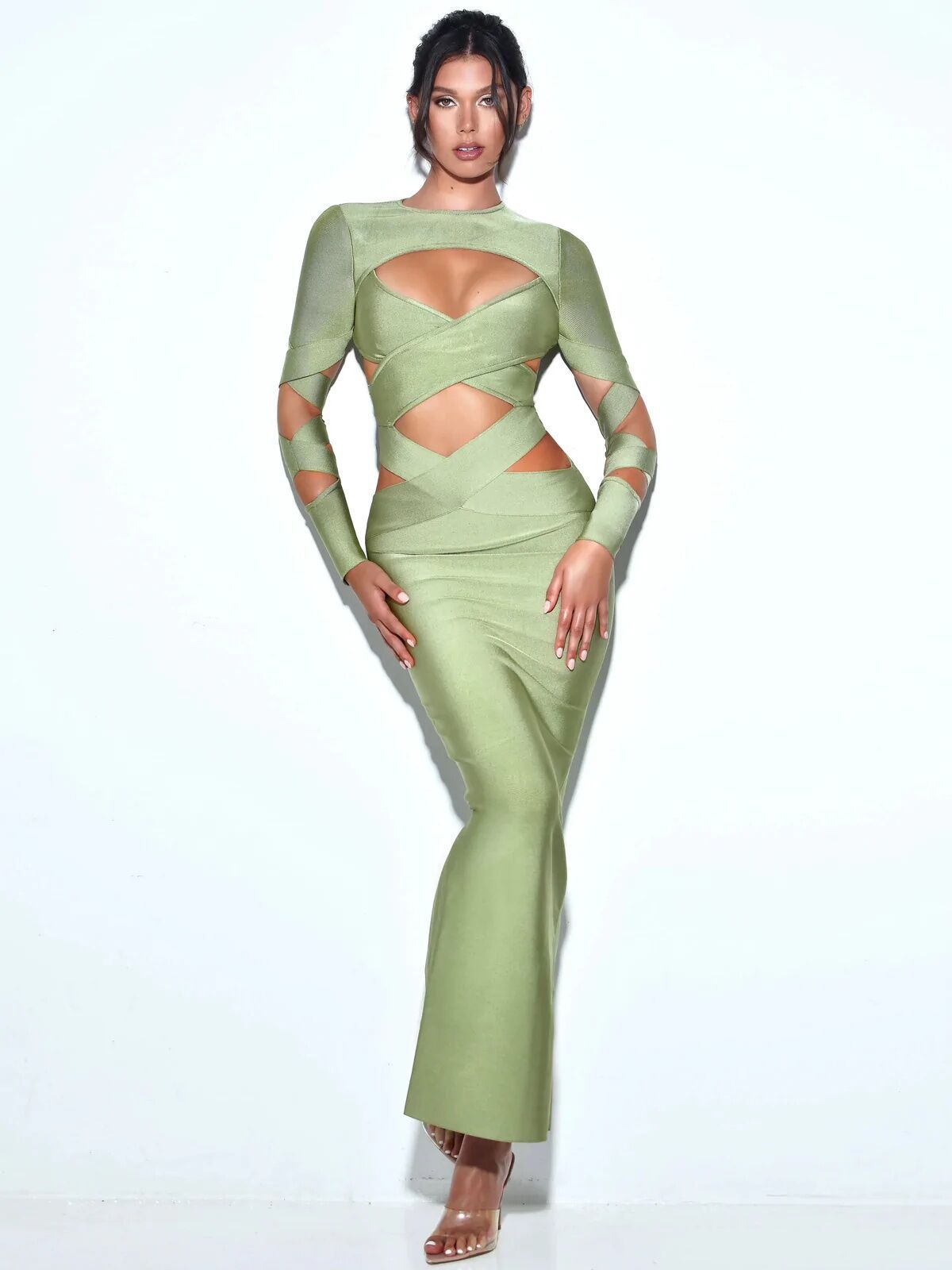 Bodycon Dress For Women Sexy Long Dress Cross Hollow Out Design Back Split With Zipper Party Wear Bandage Long Green Dress Vestidos