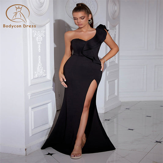 Bodycon One Shoulder For Women Celebrity Evening Party Dresses Sexy Ruffles Maxi Black Club Dress Vestidos