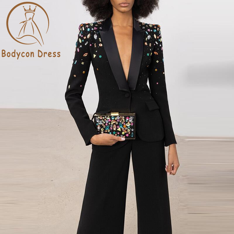 Bodycon Blazer Suit Set for Ladies Classic Black Exquisite Beads Fashion Design Women Street Two Pieces Pants Quality Outfits