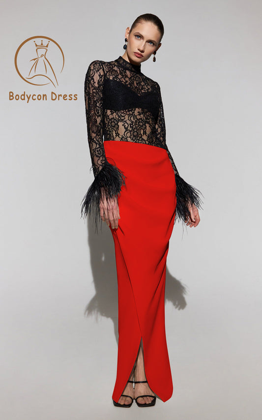 Bodycon Dress For Women Black Red Lace Feather Splice Long Sleeve Sexy Tight Long Bodysuit Dress Elegant Party Club Dress