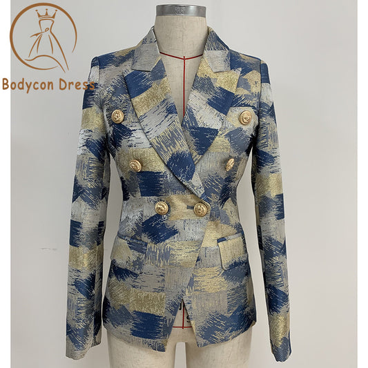 Bodycon Blazer For Women Lion Buttons Double Breasted Colo Block Jacquard Blazer Jacket Outer Wear