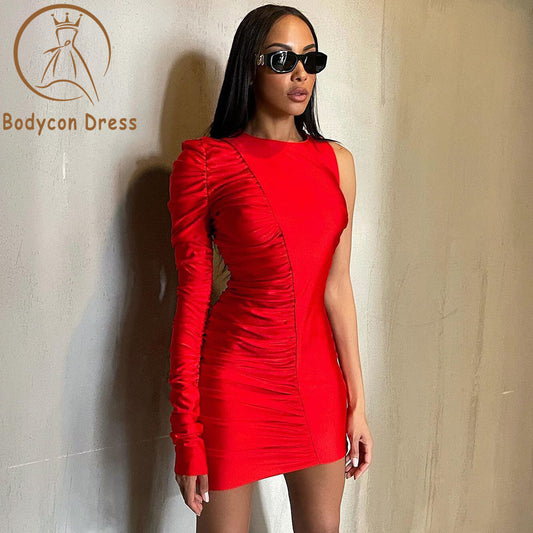 Bodycon Dress For Ladies Fashion Red O-Neck Chic Mesh Bodycon Bandage Mini Dresses Women's Sexy One Shoulder Long Sleeve Club Party Dress Vestido