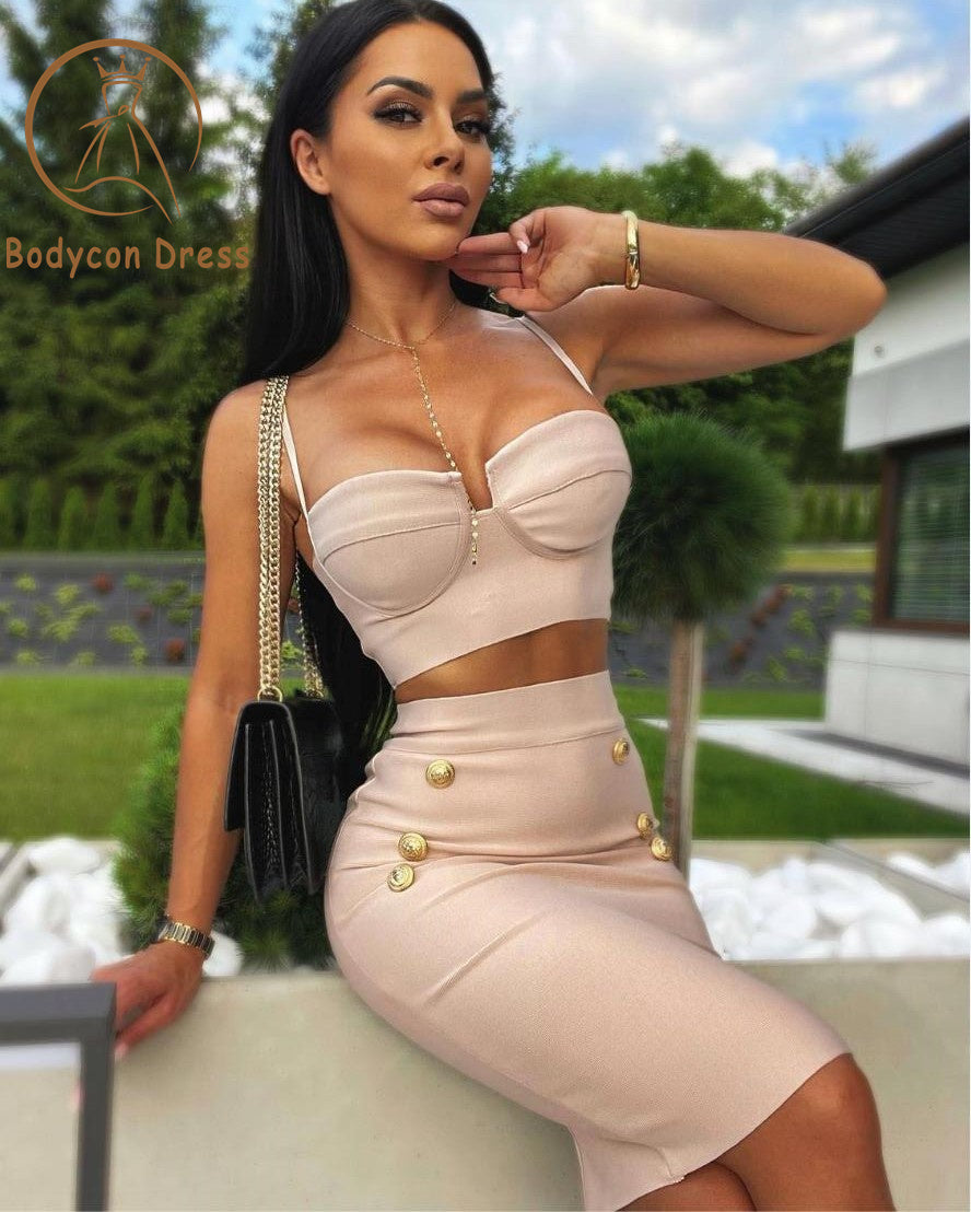 Bodycon Black Women Sexy Strap 2 Pieces Bodycon Mini Dress Rayon Bandage Button Fashion Nightclub Party Celebrate Outfit