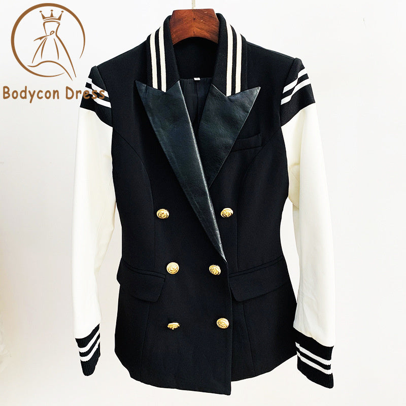 Bodycon Blazer For Women Lion Buttons Double Breasted Leather Sleeve Patchwork Blazer