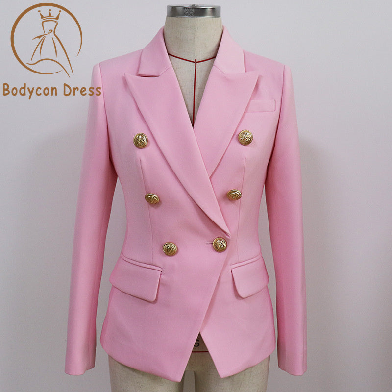 Bodycon Blazer Women's Slim Fitting Metal Lion Buttons Double Breasted Blazer Jacket Baby Pink