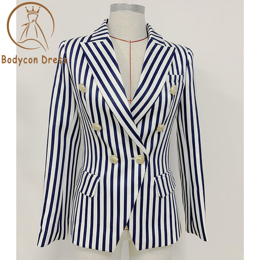 Bodycon Blazer For Women Stylish Designer Blazer Jacket Women's Lion Buttons Double Breasted Classic Striped Print Blazer