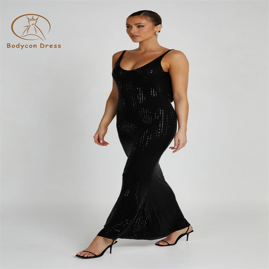 Bodycon Black Sexy Backless Diamonds Designed Sleeveless Maxi Dress Women Elegant Celebrity Club Evening Party Dresses Wholesale