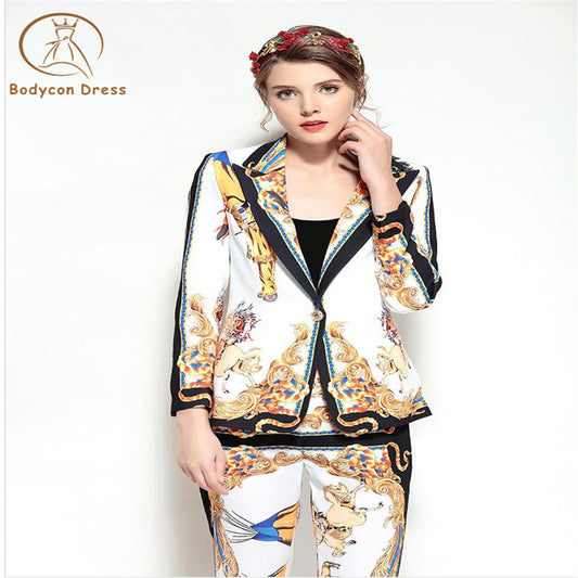 Bodycon Women Vintage Pants Suits Single Button Blazer Slim Trousers Runway Printing Two Pieces Sets Outfits
