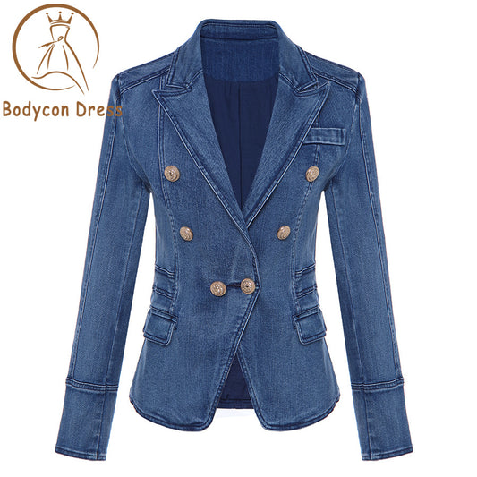 Bodycon Blazer Women's Metal Lion Buttons Double Breasted Denim Blazer Jacket Outer Coat