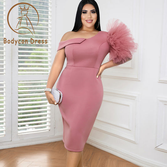 Bodycon Dress For Women One Shoulder Party Dress with Sheer Rose Flower Pink Formal Event Midi Celebration Cocktail Gowns for Women Big Size Scuba Dress