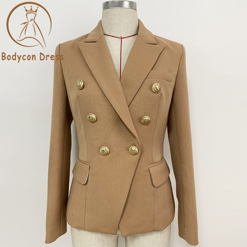 Bodycon Blazer For Women Lion Buttons Double Breasted Pique Blazer Jacket Brown