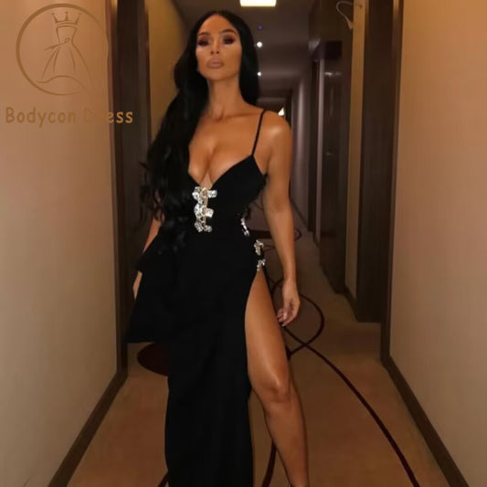 Bodycon Dress For Women Celebrity Sexy V Neck Diamonds Buckle Black Split Maxi Long Bandage Dress Elegant Evening Club Party Dress